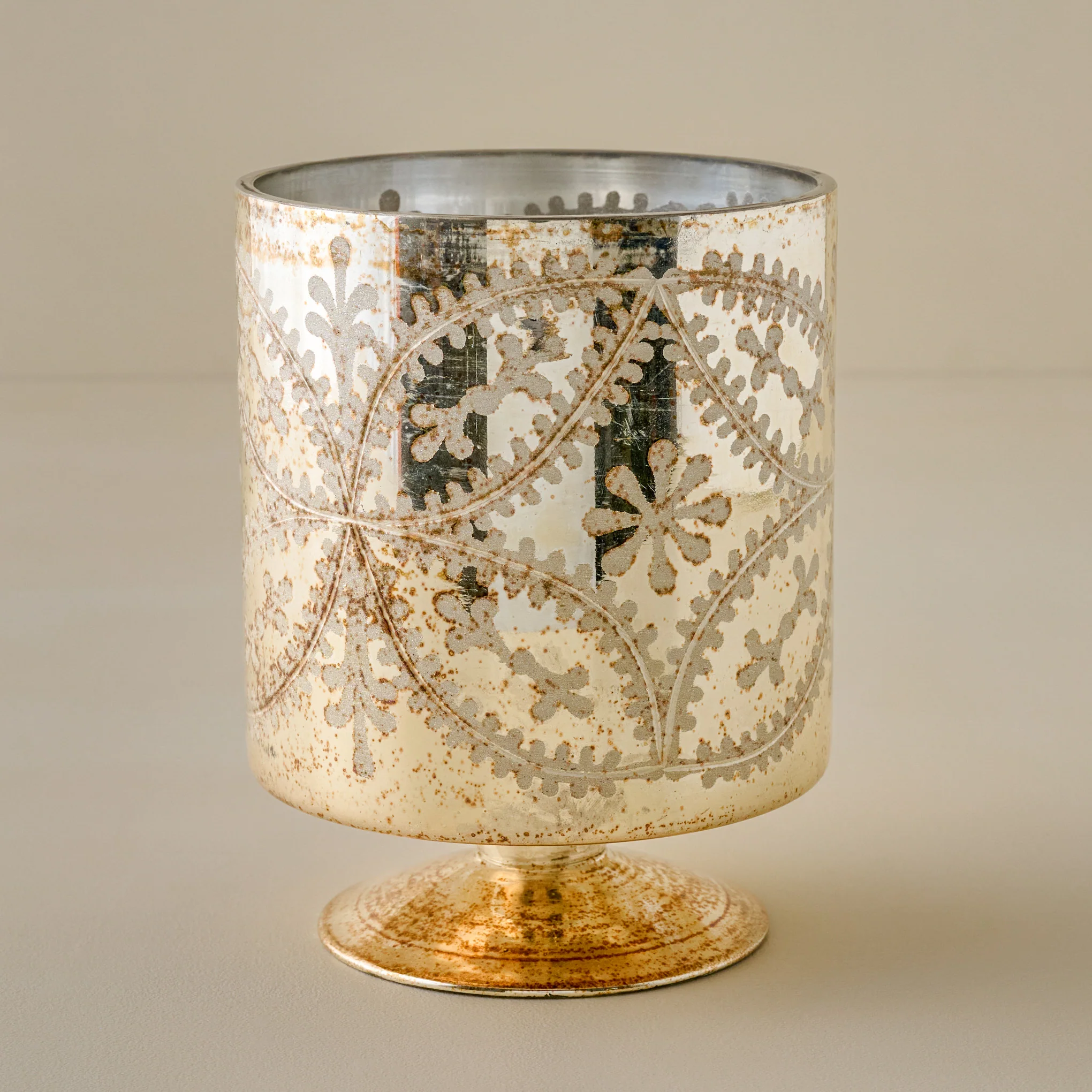 Burnished Mercury Glass Floral Hurricane - Image 3