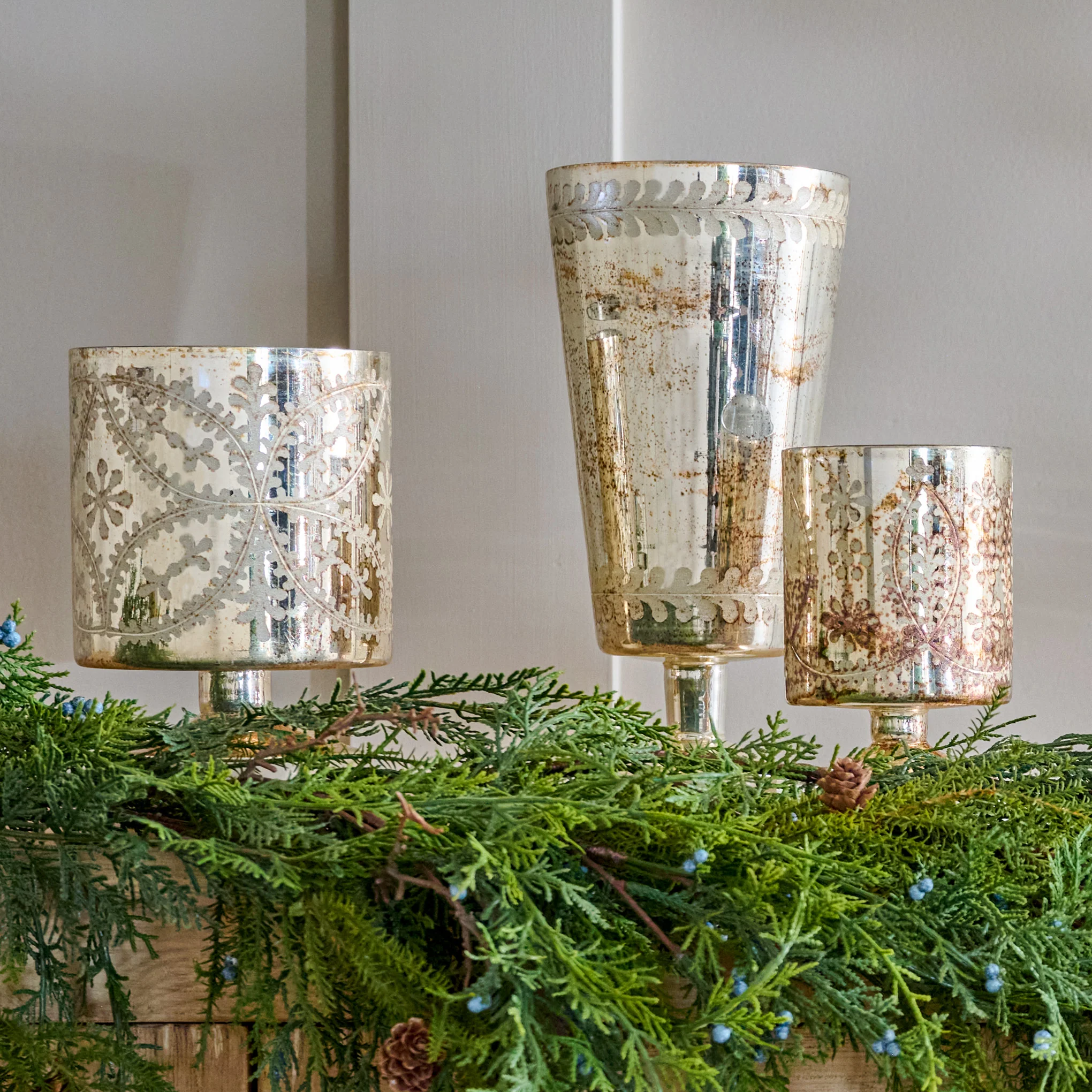 Burnished Mercury Glass Floral Hurricane - Image 5