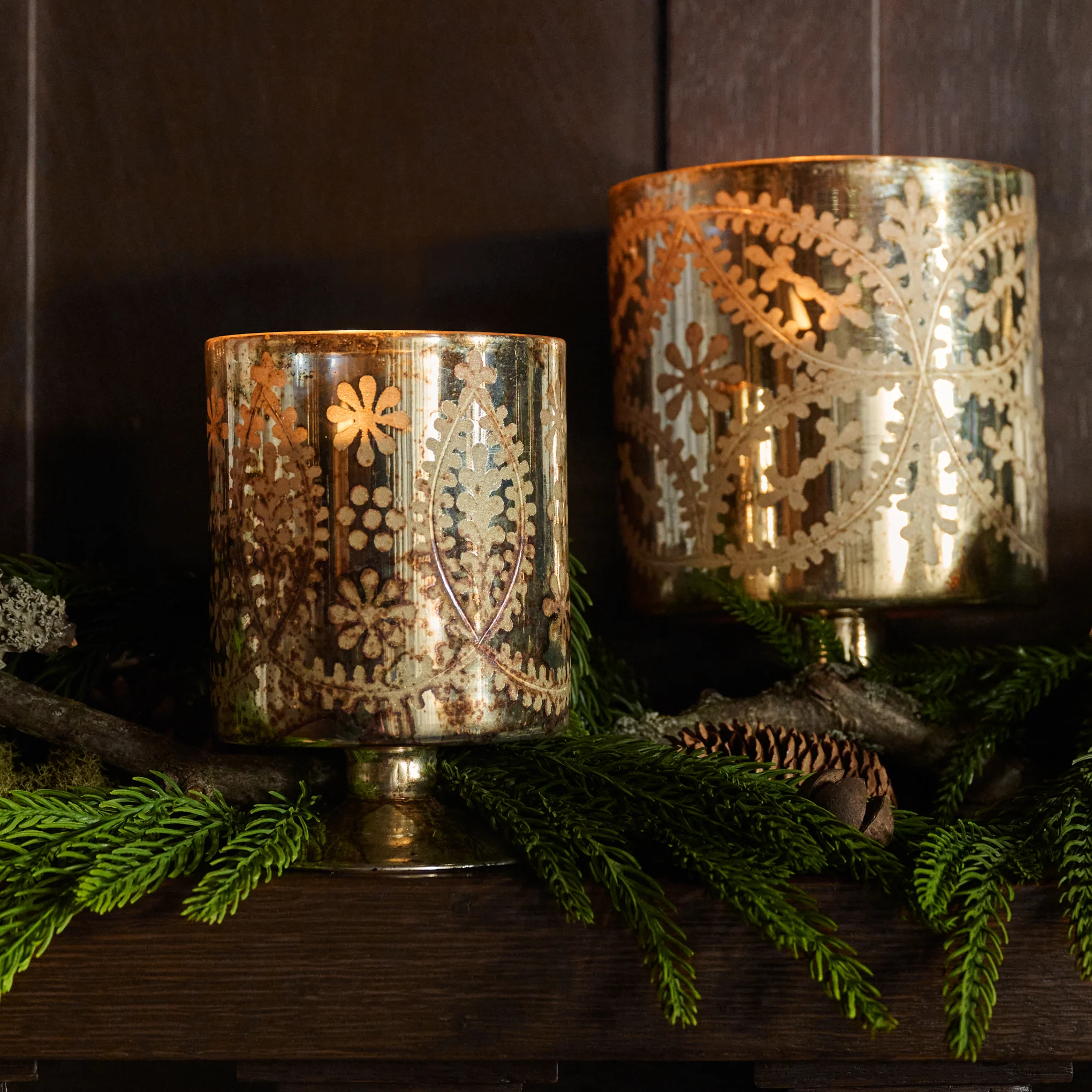 Burnished Mercury Glass Floral Hurricane - Image 6