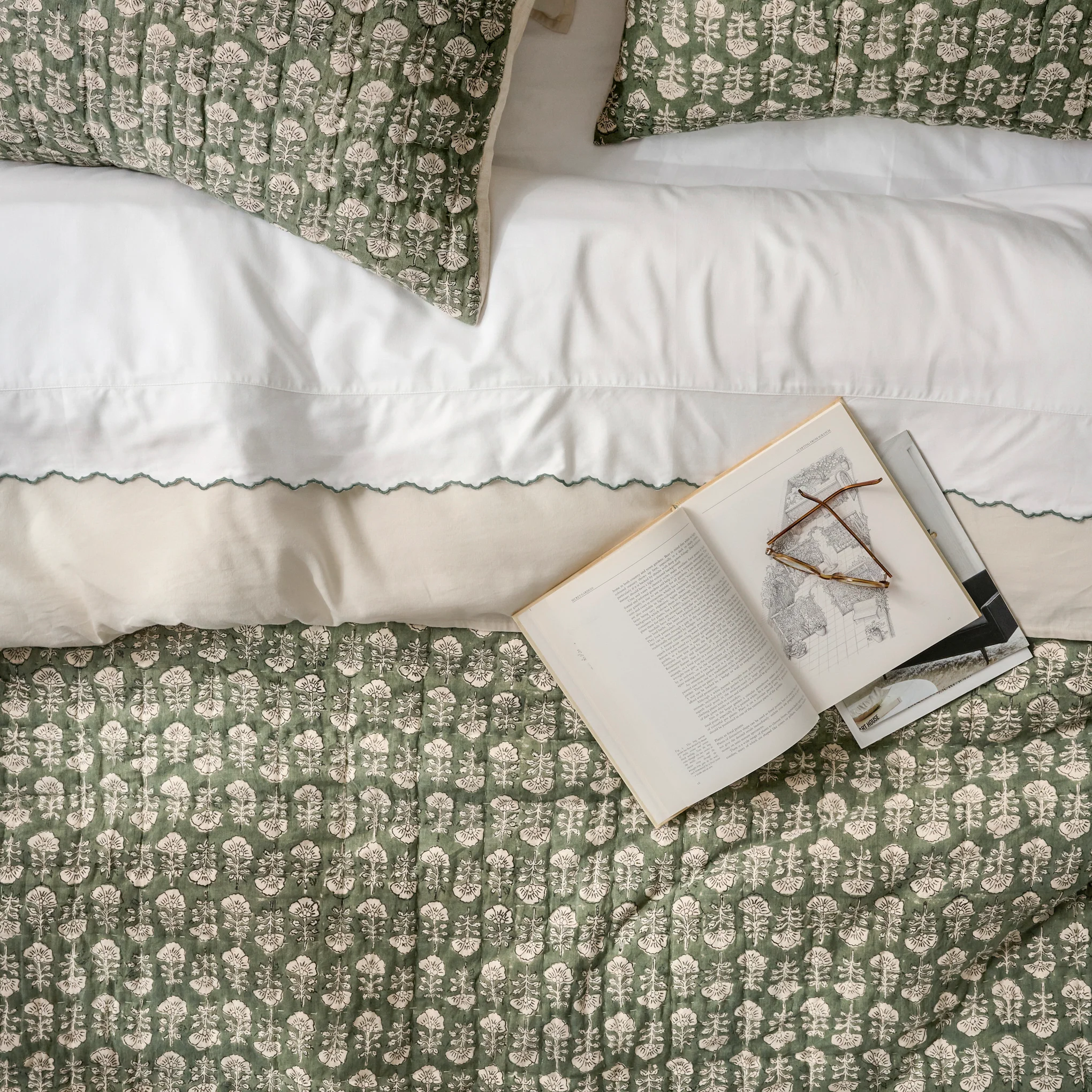 Dusty Green Flora Block Print Quilt + Sham Set (King)