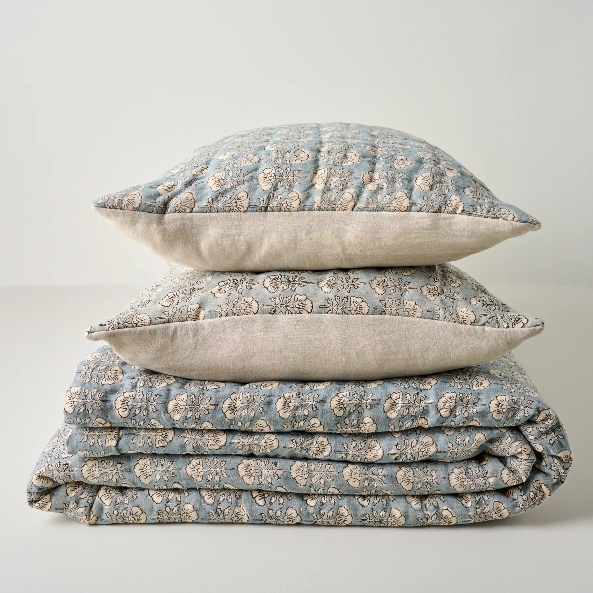 Silver Blue Flora Block Print Quilt + Sham Set (Queen) - Image 2